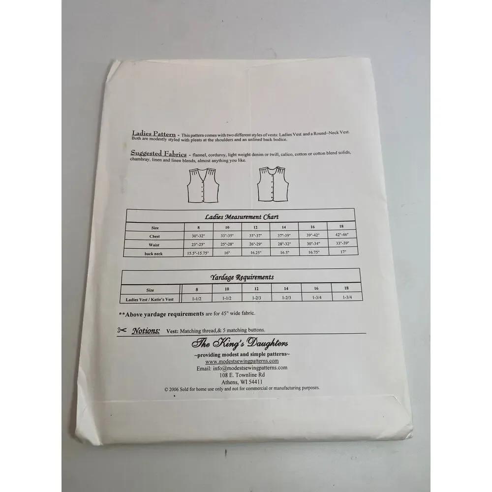 The Kings Daughters Ladies #1014 Sz 8-18 Ladies Vest Sewing Pattern Uncut FF